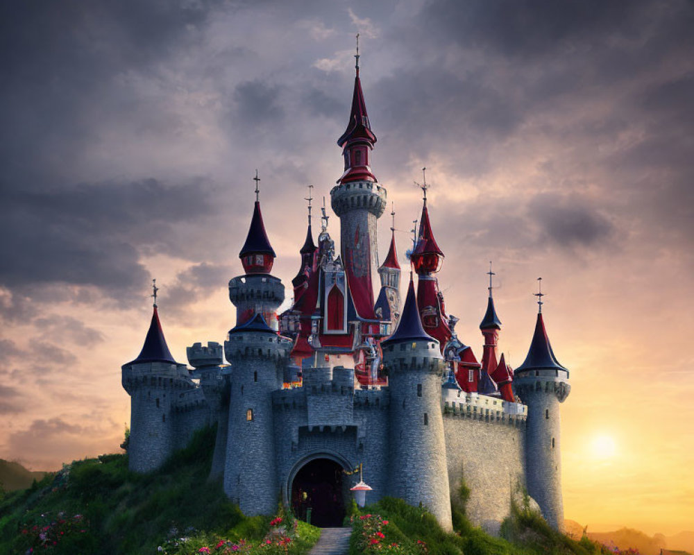 Majestic fairy-tale castle on hill at sunset