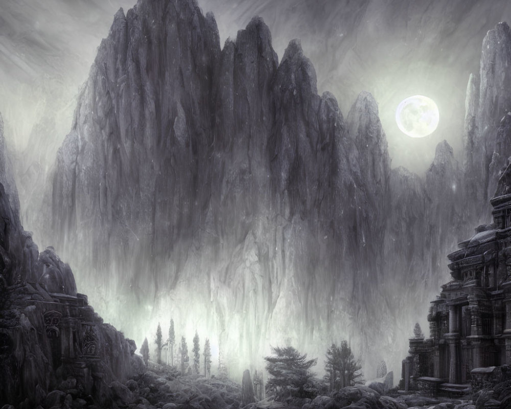Moonlit mystical landscape with towering mountains and ancient ruins in misty atmosphere