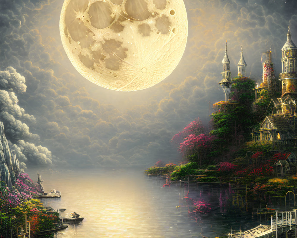 Luminous castles on cliffs, vibrant flora, serene lake, pier, oversized moon landscape.