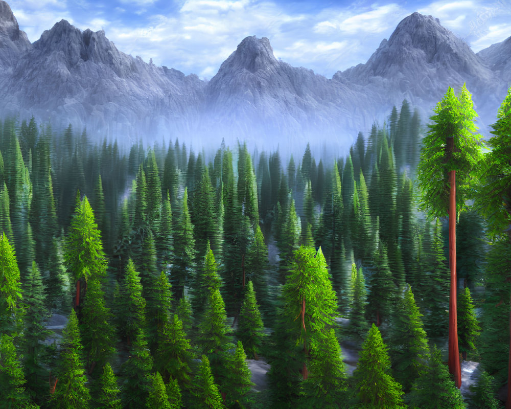Misty evergreen forest with towering trees and rugged mountains under blue sky