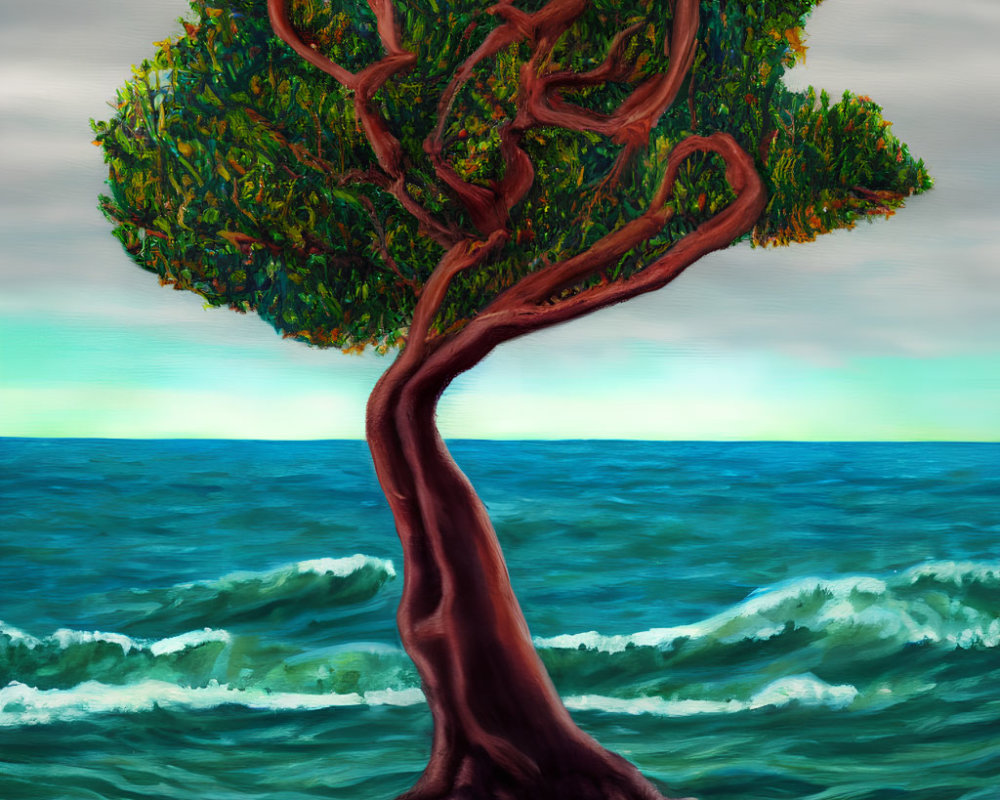 Vivid painting: Twisted tree on rocky shore with lush foliage, turbulent sea, hazy sky
