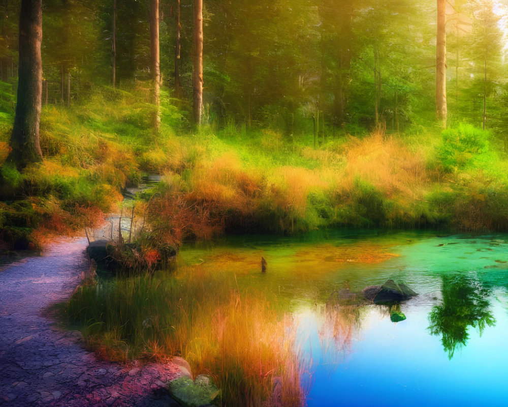 Tranquil forest landscape with blue pond and stone path