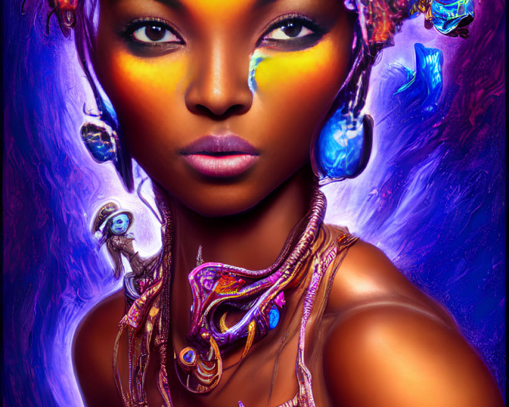 Colorful digital portrait of woman with golden eyes and futuristic jewelry on purple background