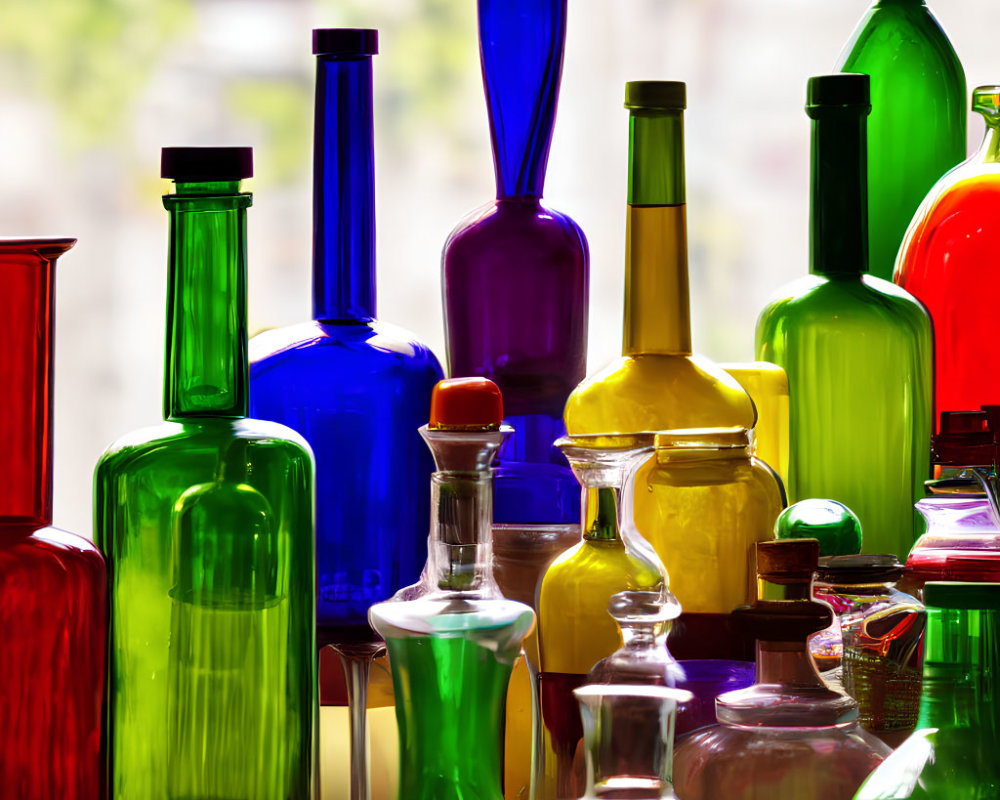 Vibrant backlit glass bottles in assorted shapes and sizes