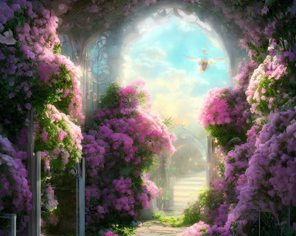 Lush Pink Blossom Garden Archway with Dragonfly in Sunlit Clearing