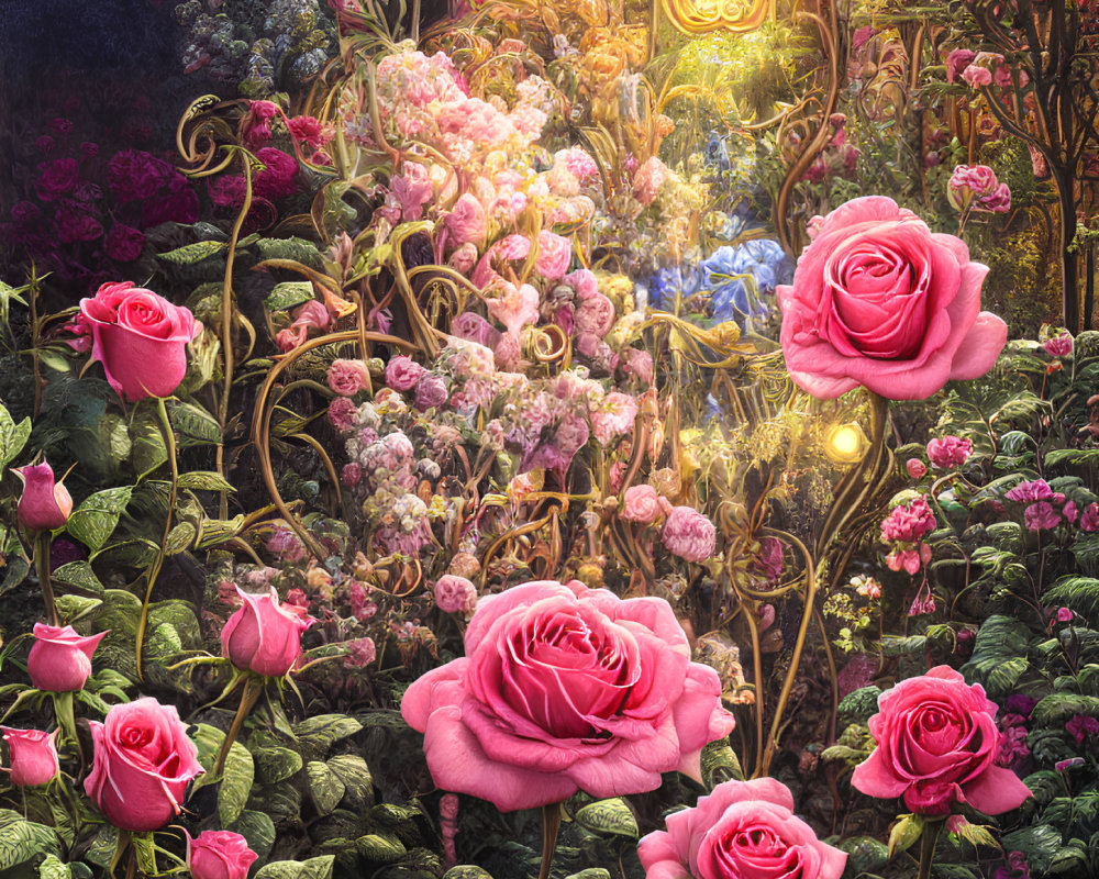 Lush garden with oversized pink roses and golden gate