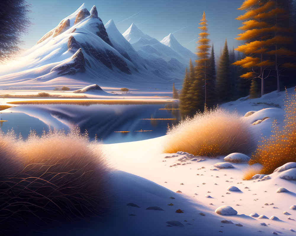 Snowy Winter Landscape: Lake, Golden Trees, Mountains