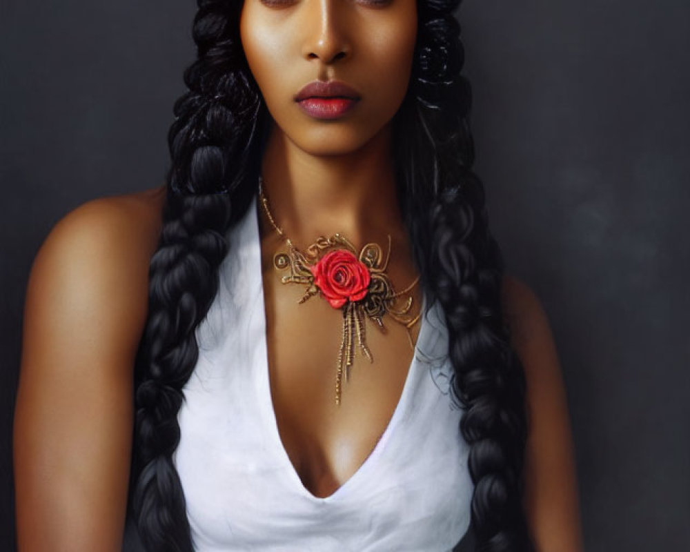 Dark-skinned woman with long braided hair in white top and red floral necklace on dark background.