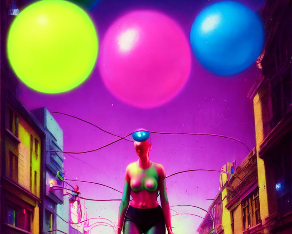 Giant humanoid figure in visor navigates neon cityscape with colorful orbs