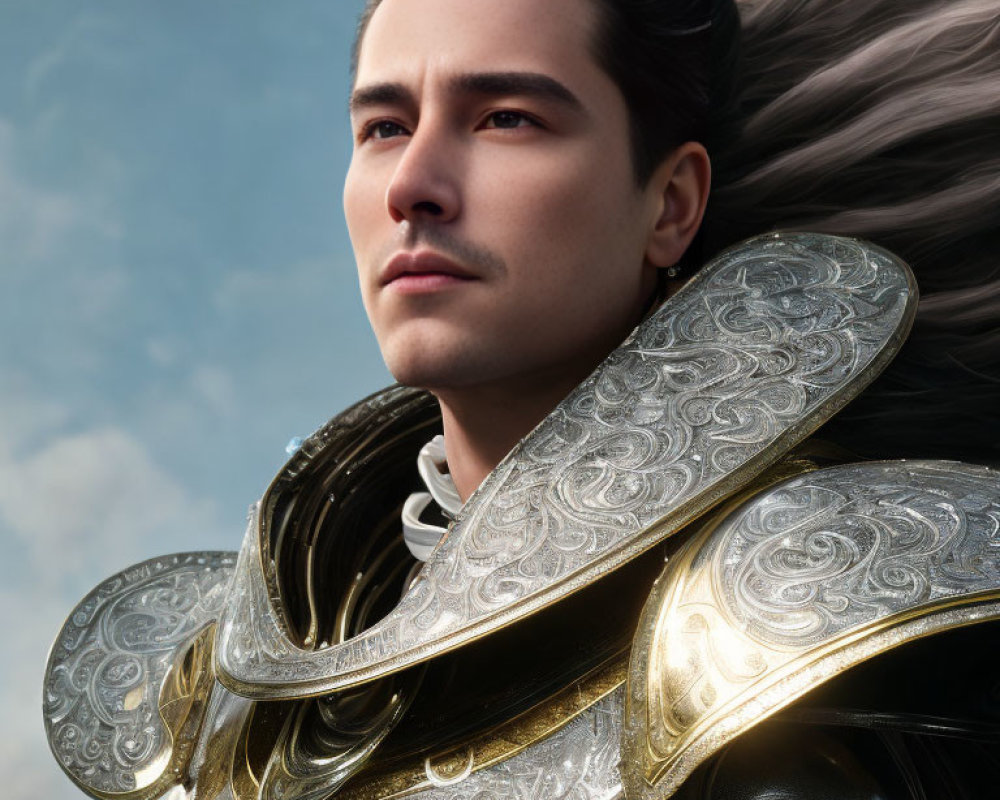 Digital portrait of a heroic man in ornate armor against cloudy sky