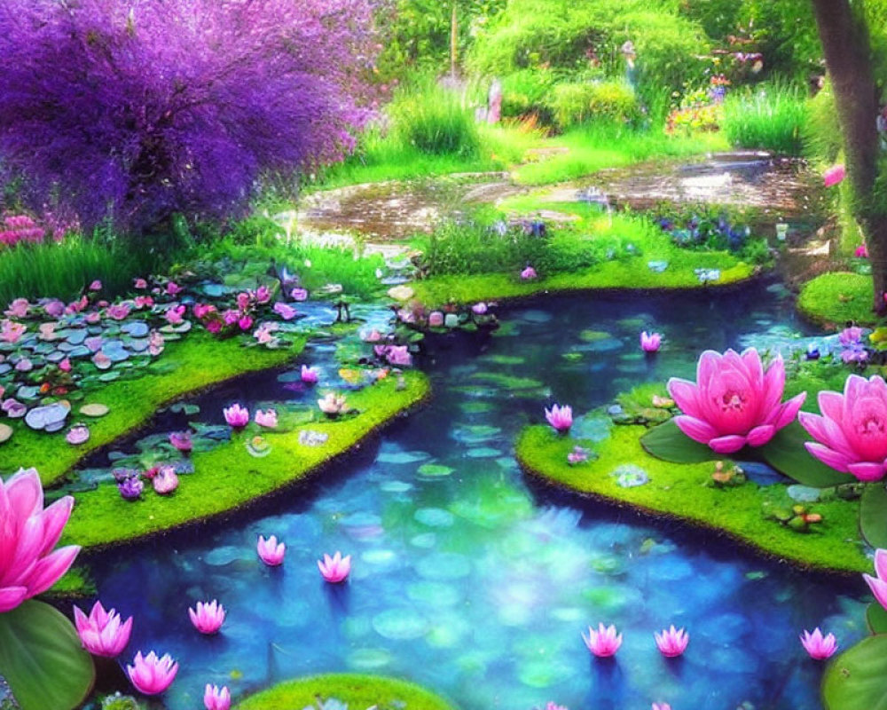 Colorful garden with pink water lilies, lotus flowers, greenery, pond, and purple
