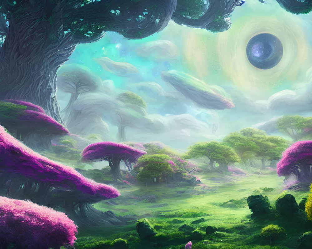 Fantasy landscape with purple foliage, majestic trees, and whimsical clouds