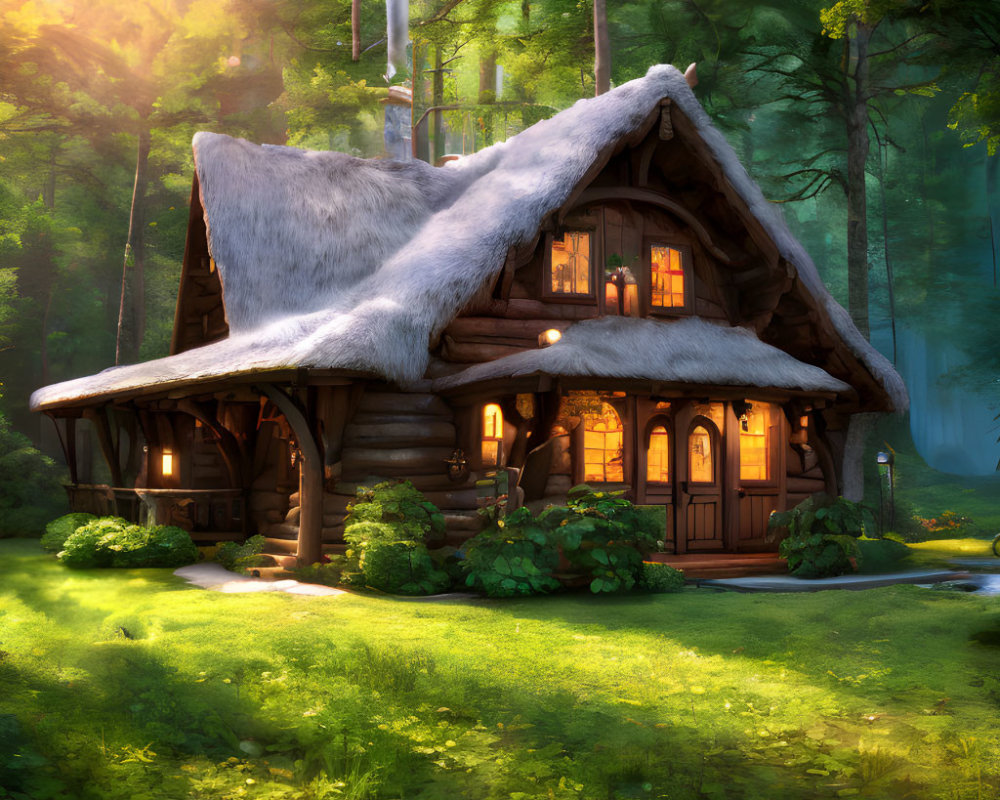 Thatched roof cottage in sunlit forest clearing