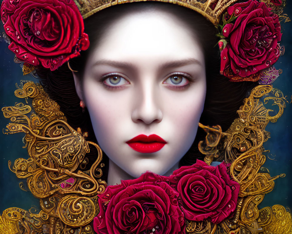 Portrait of woman with pale skin, red lips, dark hair, golden crown, red roses on blue
