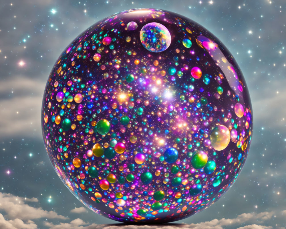 Colorful cosmic sphere and bubbles against starry sky.