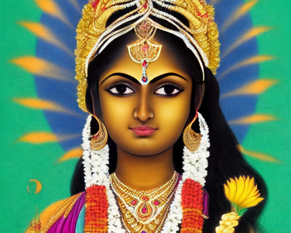 Hindu Deity Illustration: Golden Crown, Ornate Jewelry, Lotus Flower