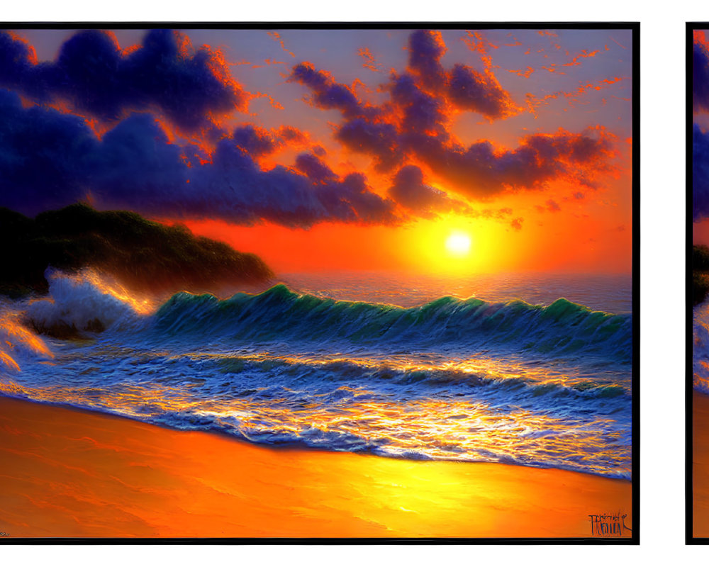 Colorful sunset painting with orange sky, dark clouds, and teal waves crashing on beach
