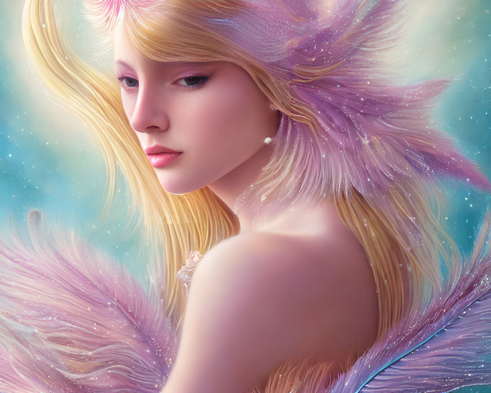 Blonde-haired woman with feathered wings in starry setting