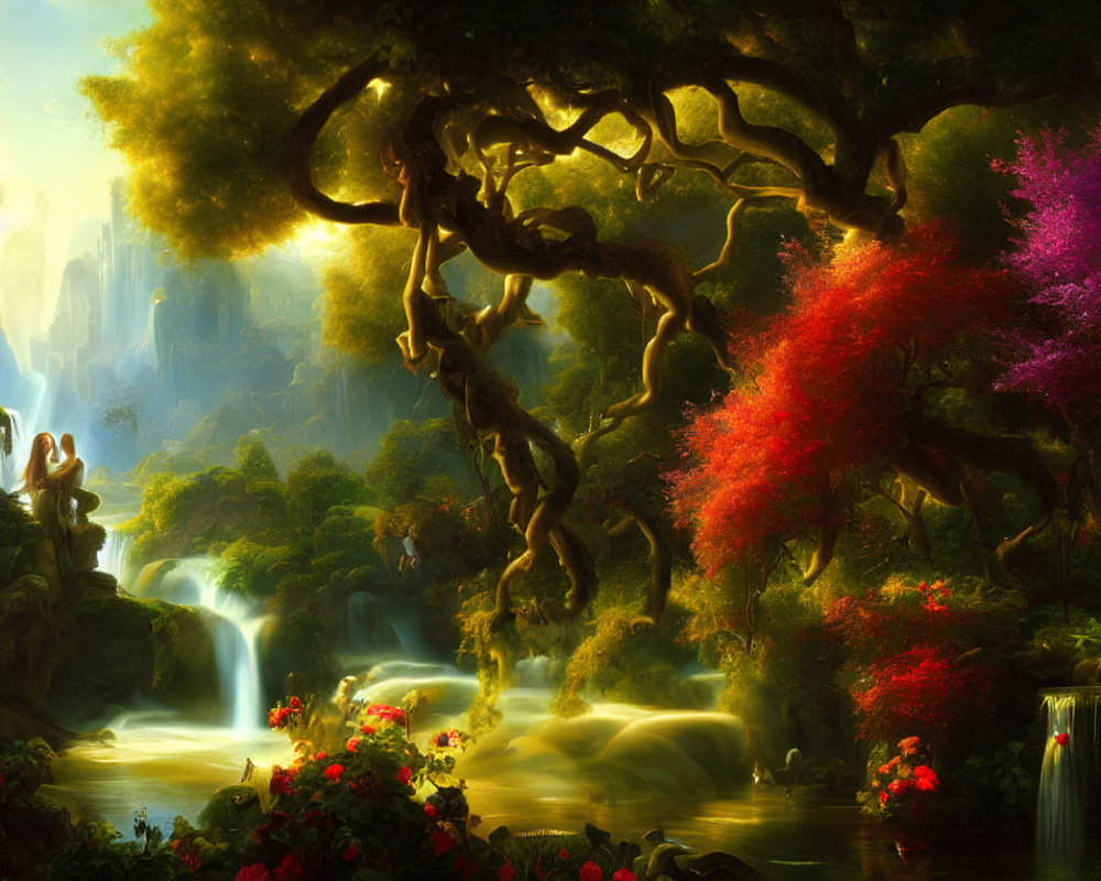 Vibrant fantasy landscape with cascading waterfalls and serene river
