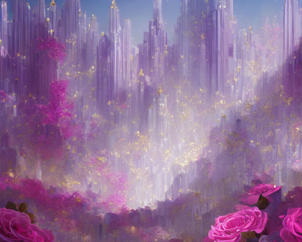 Fantasy landscape with crystal spires, pink and purple roses, and starry sky