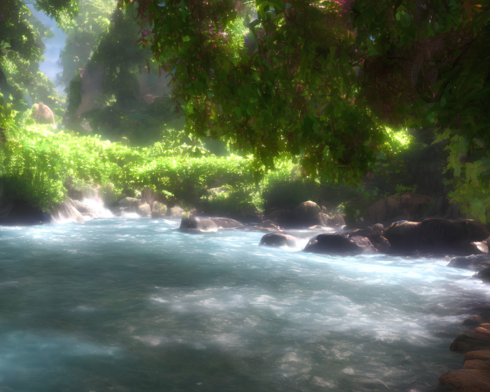 Tranquil river in lush landscape with sun rays and waterfalls