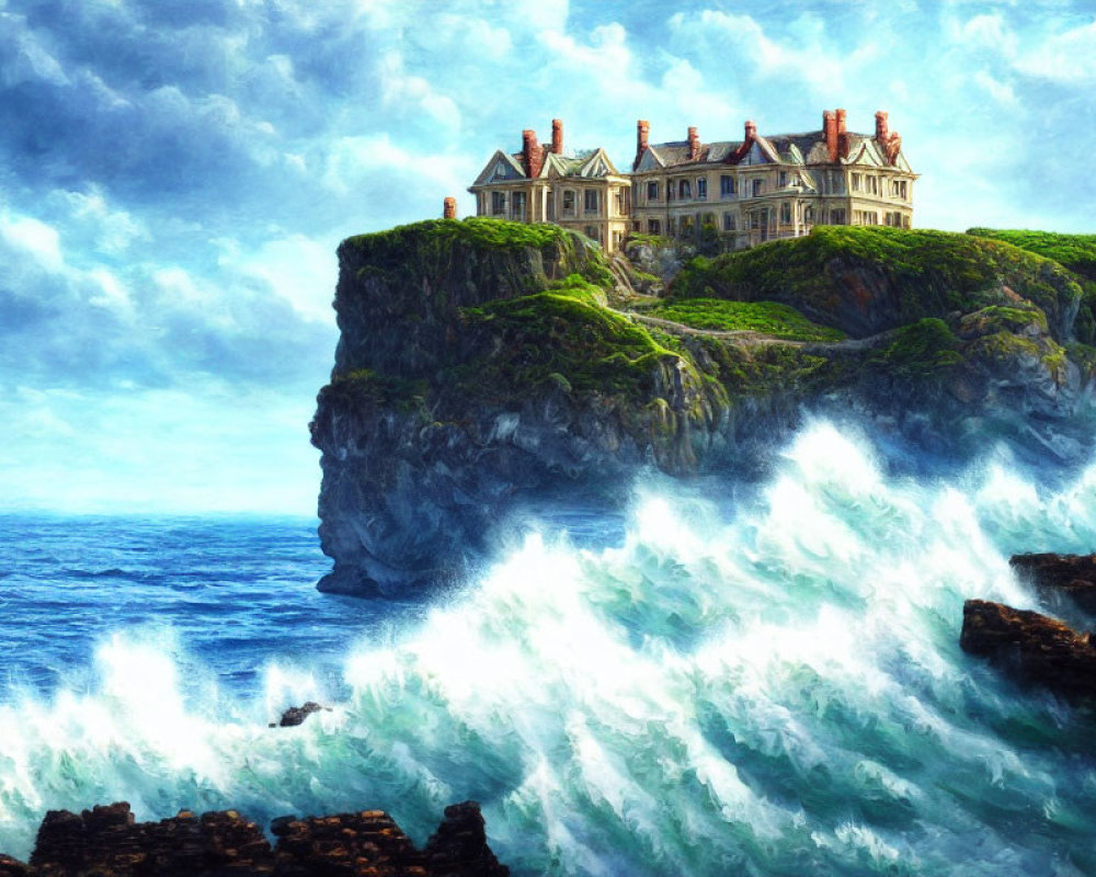 Stunning manor house on green cliff with crashing waves