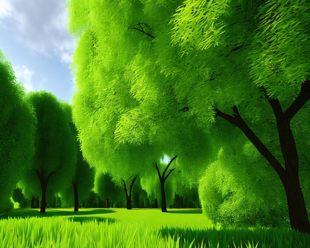 Lush Forest Scene with Vibrant Green Trees and Sunbeams