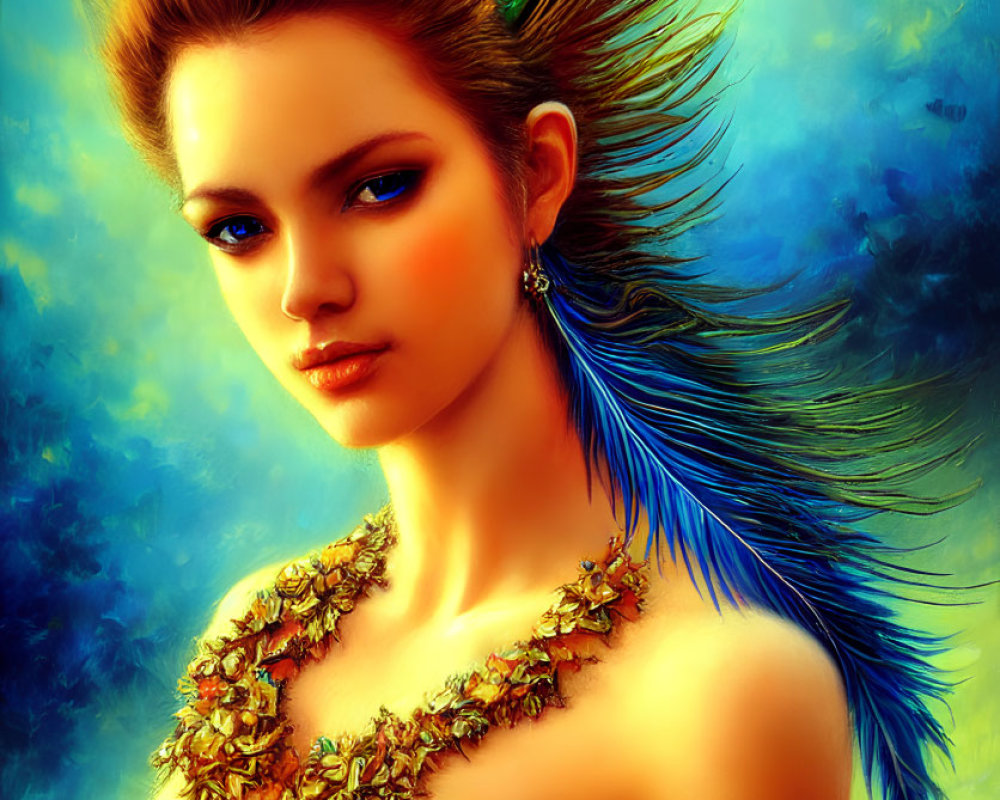 Digital artwork featuring woman with peacock feather adornments