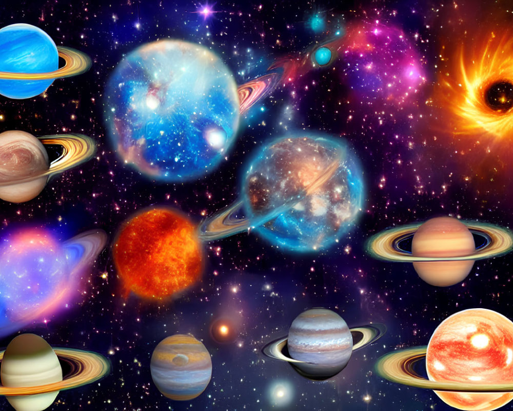 Colorful Cosmic Collage of Planets, Nebulae, and Stars