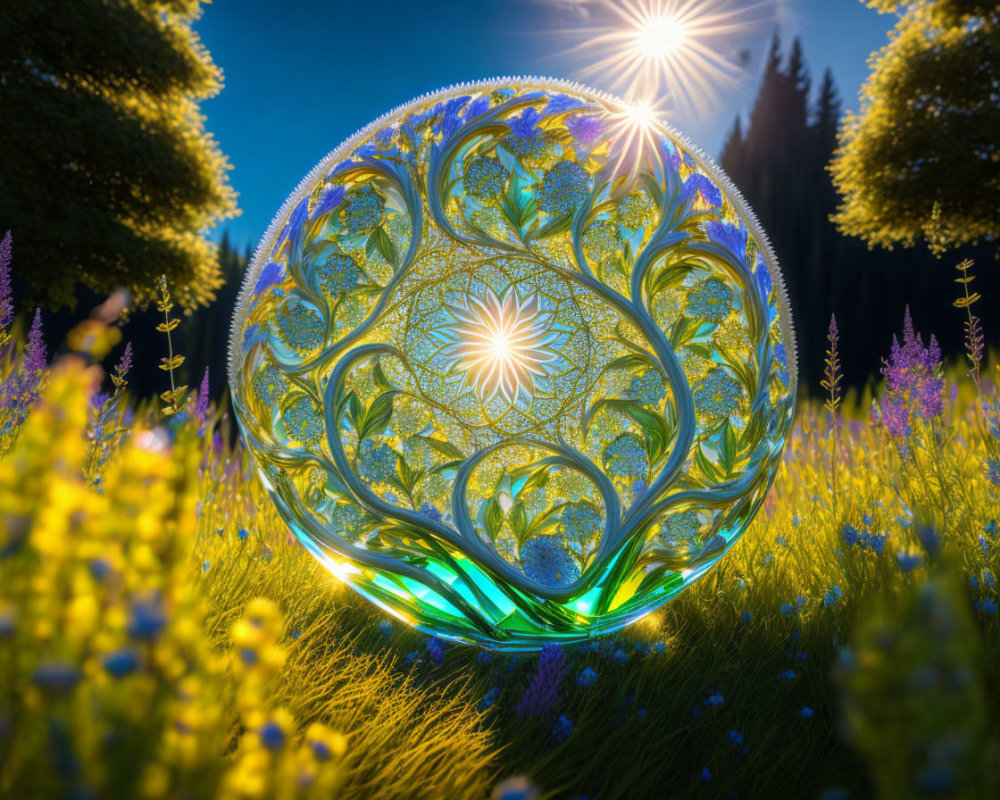 Glowing sphere with tree design in forest clearing among wildflowers
