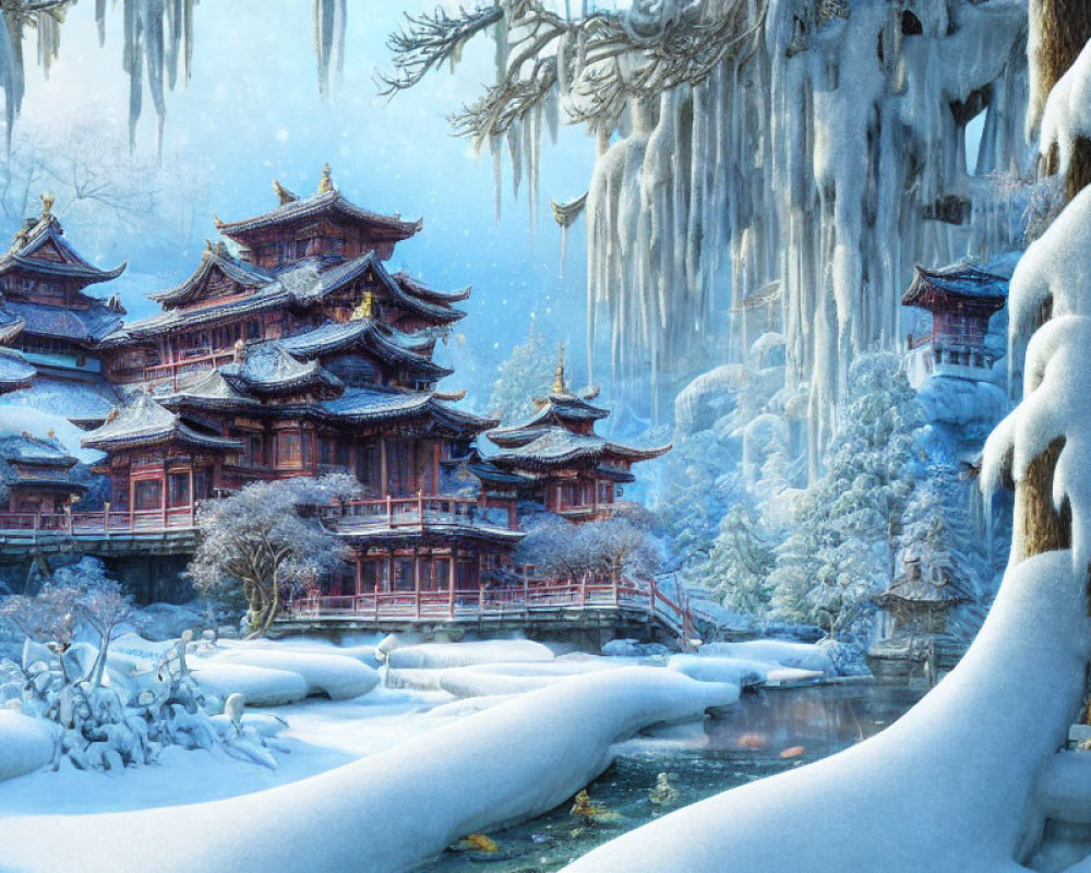 Snowy Asian Pagoda Buildings Amidst Frozen Trees and River