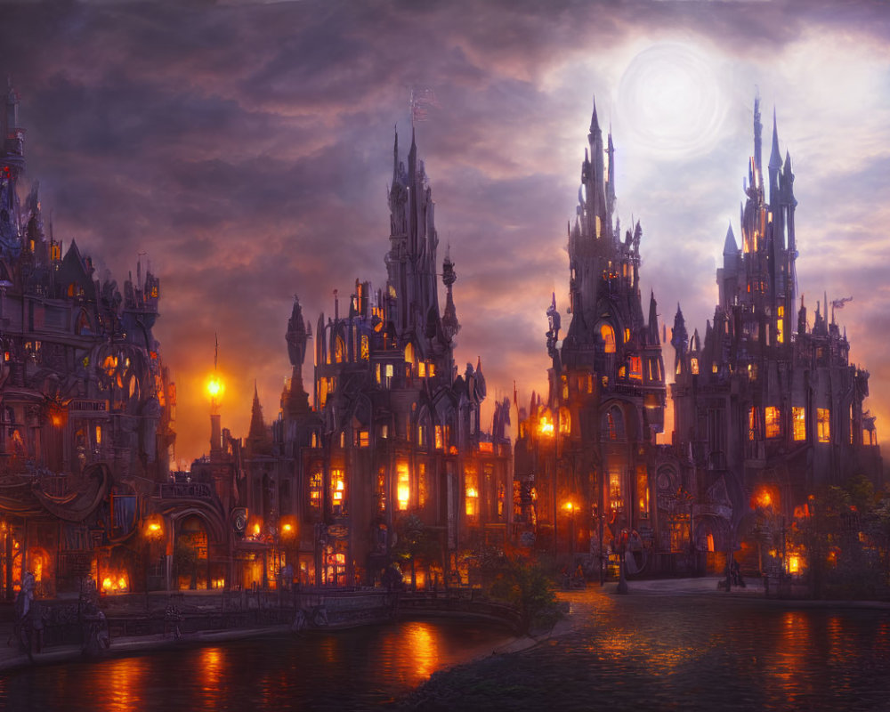 Gothic fantasy cityscape at dusk with glowing lanterns, moon, and purple skies