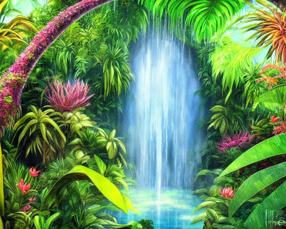 Colorful Tropical Waterfall Surrounded by Greenery and Flowers