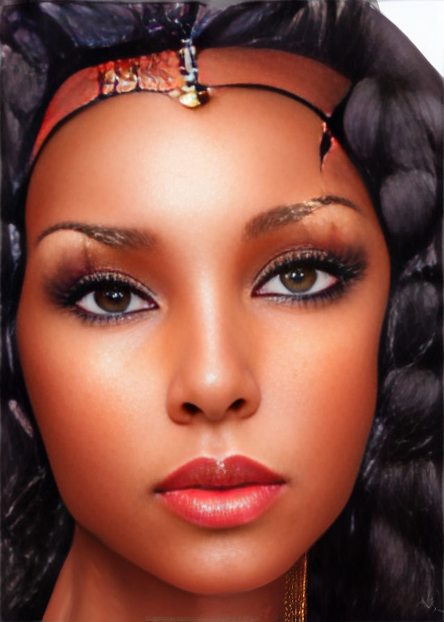 Woman with dramatic eye makeup, headband, and wavy black hair portrait.