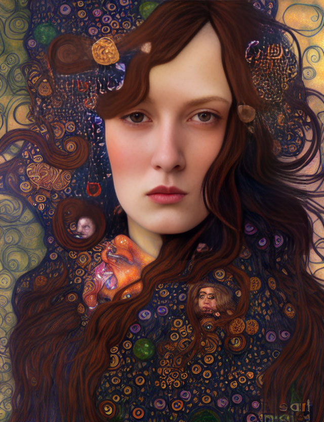 Detailed portrait of woman with cosmic-themed patterns and celestial bodies in hair