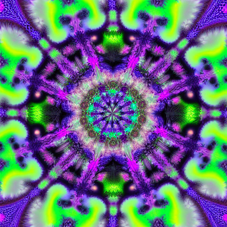 Symmetrical neon fractal image with vibrant colors in kaleidoscopic pattern