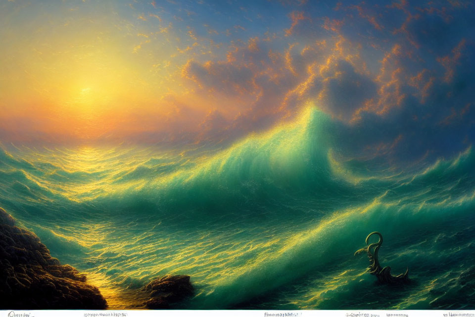 Colorful artwork: Emerald wave under sunset sky with anchor symbol.