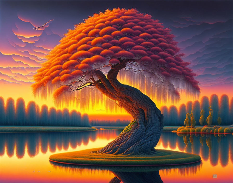 Colorful painting of twisted tree with fiery-orange foliage on island, reflecting in tranquil water against surreal landscape