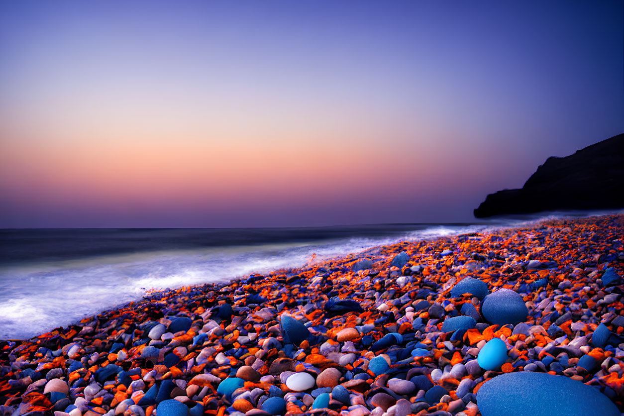 Twilight pebble beach scene with smooth sea and gradient sky.