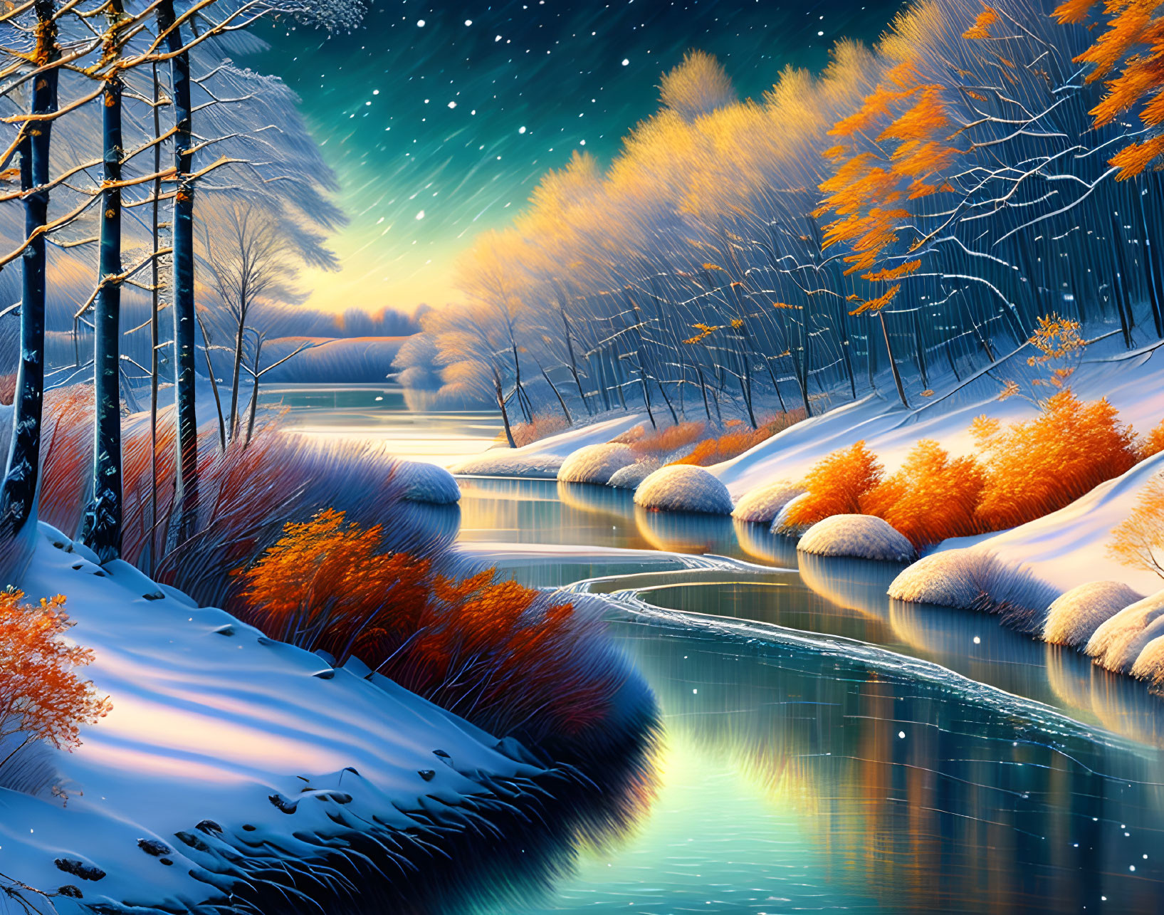 Winter Dusk Scene: River, Snow, Trees, Starry Sky
