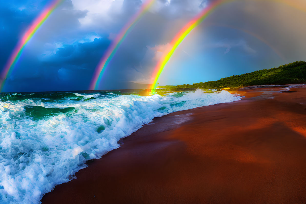 Double rainbow over turbulent ocean with crashing waves on sandy shore under stormy sky