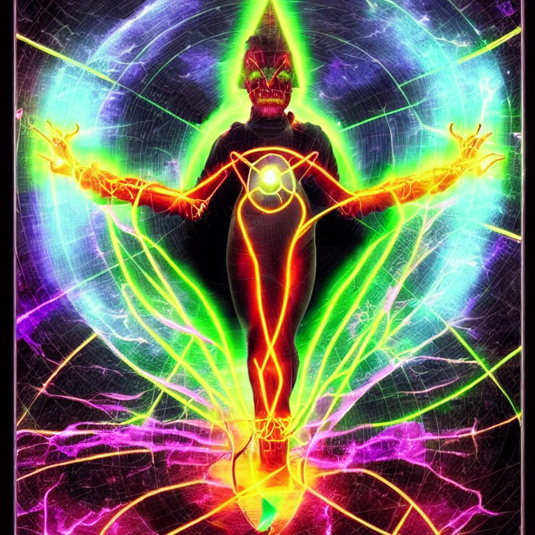 Colorful digital art: humanoid figure with glowing chakra points in luminous, psychedelic aura.
