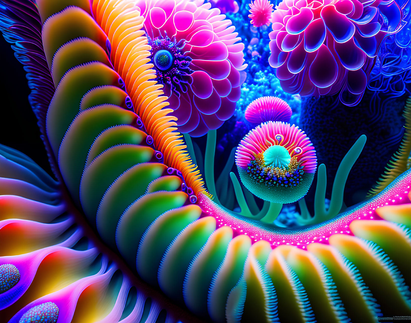Colorful Digital Art: Neon Sea Anemones and Coral in Underwater Scene