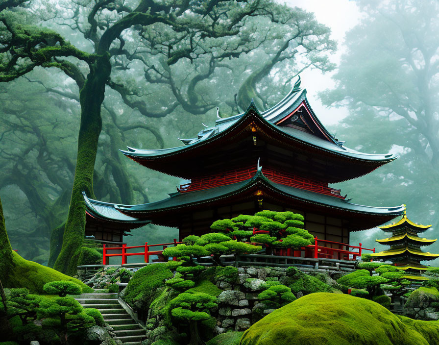 Traditional Japanese Pagoda in Moss-Covered Forest