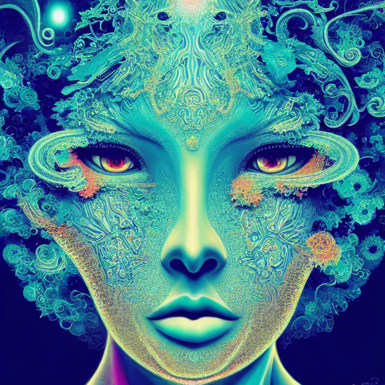 Colorful digital artwork: Blue female face with orange eyes and intricate patterns on dark surreal background