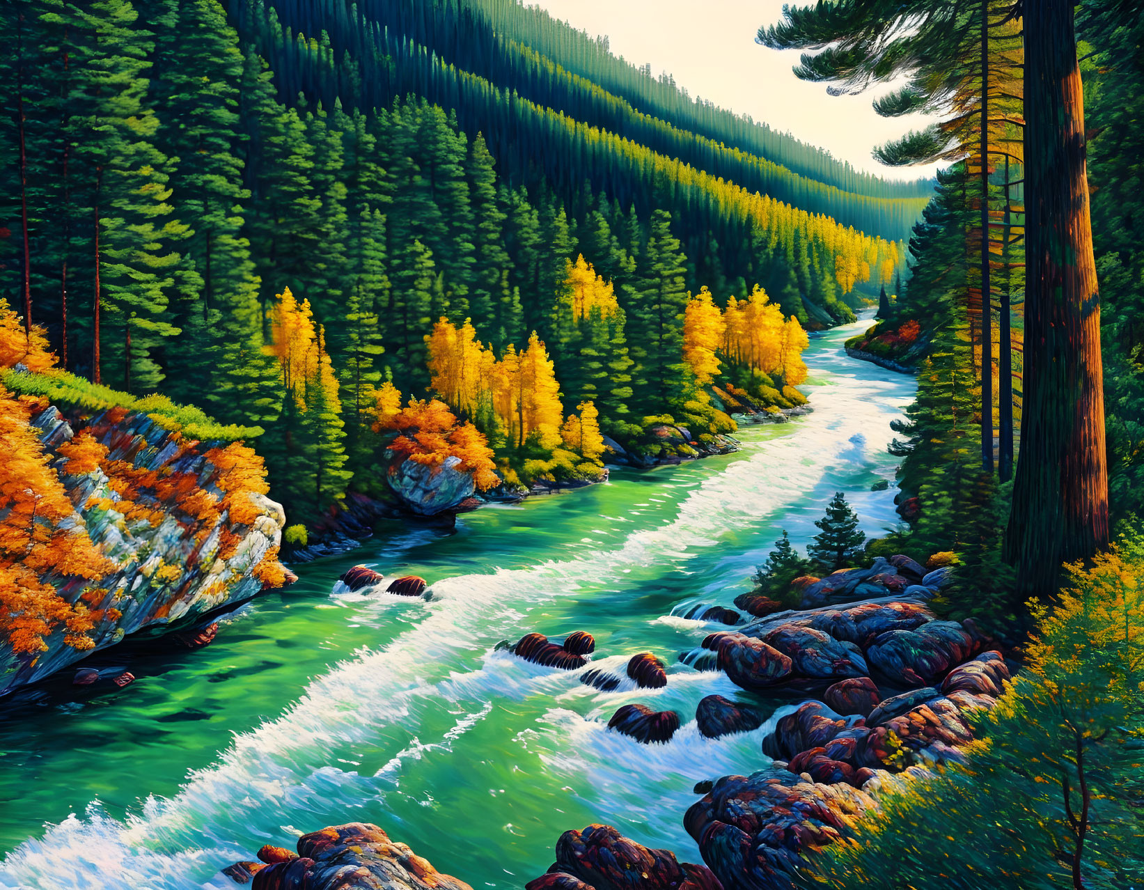Scenic river in autumn forest with green pines