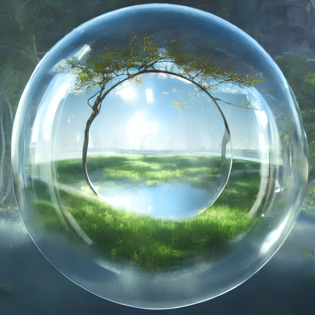 Verdant landscape in transparent bubble with mystical forest setting