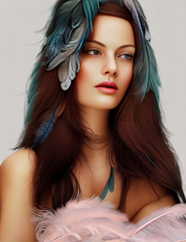 Portrait of Woman with Long Brown Hair and Teal Feathers, Red Lips, Pink Feather Boa