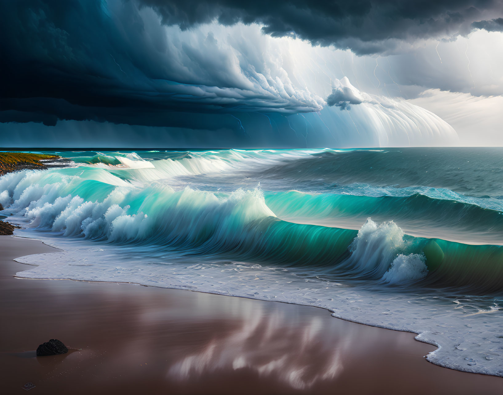 Stormy Beachscape with Turquoise Waves and Lightning Sky