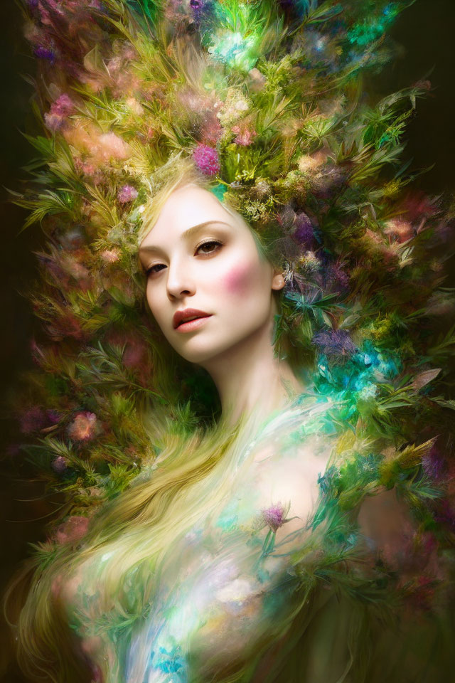 Ethereal woman with vibrant floral crown and flowing botanical hair